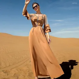 Casual Dresses Mesh Patchwork Flare Sleeve Maxi Dress Women Handmade Diamond Square Collar Loose Belted Dubai Morocco Clothes Khaki