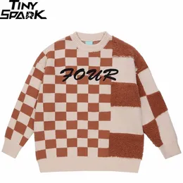 Pulls pour hommes Hommes Harajuku Streetwear Pull tricoté Rétro Plaid Broderie Lettres Hip Hop Pull Automne Coton Pull à carreaux 220928