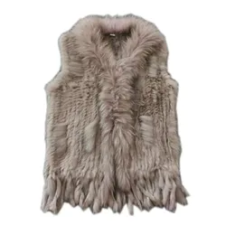 Women's Fur Faux Real ladies Genuine Knitted Rabbit Vest With Raccoon Trimming Waistcoat Winter Jacket harppihop fur 220927