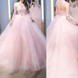 2022 rosa quinceanera klänningar bollklänning juvel hals illusion spetsar applikationer långa ärmar korsett tillbaka tyll prinsessan klänning söt 16 vestido de 15 anos quinceanera