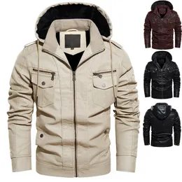 Vinter nya m￤n pu l￤derjackor varm fleece casual huva kappa mens motorcykel cyklist ytterkl￤der jacka multi-pocket us size