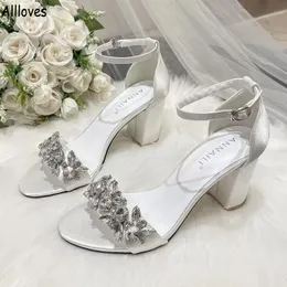 Kryształki Women Wedding Buty Białe Chuncky Obcina Otwarte palce Utwory Eleganckie satynowe letnie sandały dla damskich buty ślubne CL0268