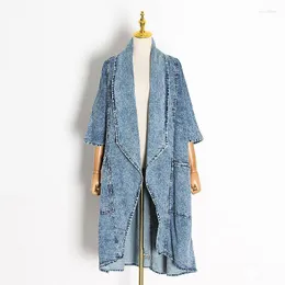 Trench feminina Coats feminino Sondr Coat 2022 Jeans frescos Colar fêmea de meia manga da caída de canto superior azul