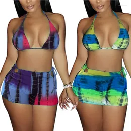 Women's Swimwear Women's 2022 Women Two-piece Swimming Clothes Set Tie-dyed Printed Pattern Halter Neck Tops And Skirt Womens Costume