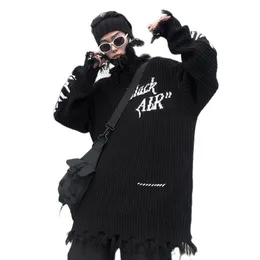 Men's Sweaters Ripped Hole Punk Turtleneck Sweater Mens Harajuku Vintage Pullover Women Embroidery Hip Hop Goth Knitted Sweater Jerseys 220928