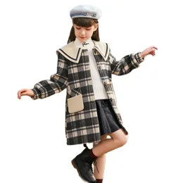 Coat Plaid Lång ull för tonårsflickor Fashion Single Breasted Trench Jacka barn Ytterkläder Navy Style Children Winter Overrocks 220927