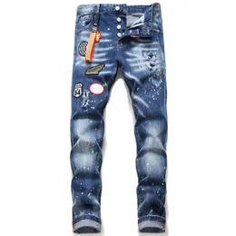 Jeans da uomo High Street European Brand Men Hole Patch Elastico Slim Fit Pieghettato Pantaloni skinny in denim di qualità solida 220928