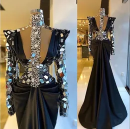 Czarne sukienki wieczorne ASO EBI noś błyszczą długie rękawy wysokie iluzja szyi kryształowy koralik satynowy lustro syrena plus size bal maturalny