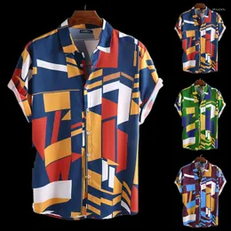 Camicie casual da uomo INCERUN Camicia da spiaggia da uomo estiva Stampa geometrica Manica corta Bavero Collo Bottone Tempo libero hawaiano 2022 Streetwear S-5XL