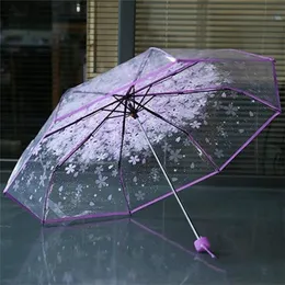 Umbrellas Manual Women's Transparent Clear Flowers Anti-UV Sun Cherry Blossom 3 Folding Rain Gear Parasol 220929