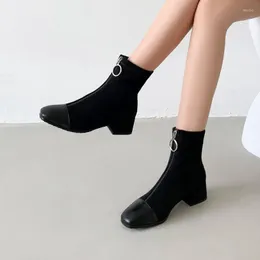 Boots Classic British Vintage Soft Sheep Suede Square Toe Cozy Low Heels Keep Warm Women Ankle Female Fashion Elastic Socks Boot