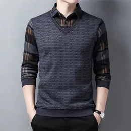 Mens Sweaters Winter Fashion Mens Sweater Fleece Thickened Knitted Men Clothing Fake Two Piece Shirt Sweaters Mens Warm Knitwear MY740 220929