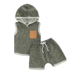 Completi di abbigliamento Bambini Neonati maschi Pantaloncini estivi Tuta Patchwork Top senza maniche con cappuccio Vestiti a vita alta 2 pezzi Set 0-3T