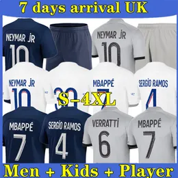 22 23 S-4XL MBAPPE Player Soccer Jersey Sergio Ramos Maillots de Football 2022 2023 Verratti Marquinhos Psgs Hakimi Kid Kit Kit Shirt Uniforms Maillot Foot Terzo