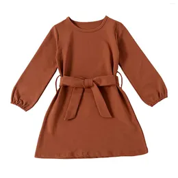 Vestidos de niña 2022, vestido informal para niños pequeños, falda holgada de manga larga con cuello redondo de Color sólido con cinturón para niñas de 2 a 7 años