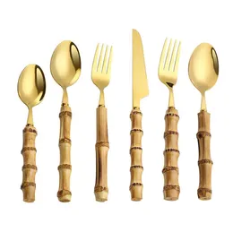 Besteckset mit Bambusgriff, silberfarben, golden, Gabel, Löffel, Messer, Besteck-Sets, Edelstahl-Besteck-Set SN4184