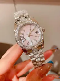 Charm Women Geometric Diamond Calendar Wristwatch Stainless Steel Quartz Watch Female Roman Number Watches Natural Mother of Pearl Dial White Zircon Strap Clock