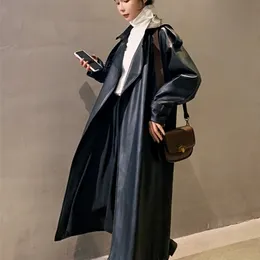 Skórzanie damskie Faux Nerazzurri Spring Black Oversizef Długi wodoodporny płaszcz dla kobiet luźne koreańskie odzież mody 220928