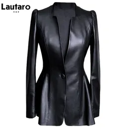 Couro feminino Faux LaUtaro Autumn Black Slim Soft PU PU Women Deep V Neck Long Puff Sleeve elegante Skirted Blazer Fashion 220928