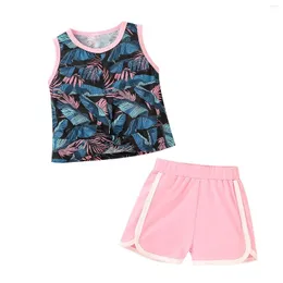 Giyim setleri bebek kız kıyafetleri set yaprak baskı kolsuz o yaka üstler düz renk yan bölünmüş kısa pantolon 1-5t