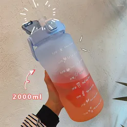 Wasserflaschen 2L große Kapazitätsflasche mit Strohbecher Farbverlauf Kunststoff Fitnessbecher Zeitmarkierung Outdoor-Sportarten