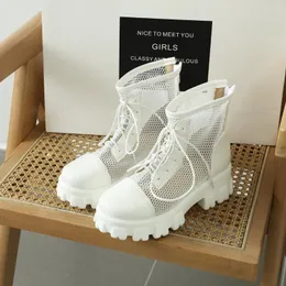 Boots Hollow Out Mesh Summer Platform Ankle For Women Breathable Zipper Lace Up Casual Shoes Woman Low Heels Short Booties White
