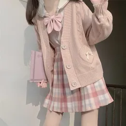 Women's Knits Tees Anbenser Spring Japan Kawaii Fashion Pink Cardigan Women Vintage Crop Knitted Sweater Cute Bow Heart Korean JK School Coat 220929