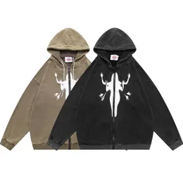 Vintage Men Hoodie Sweatshirt Grunge Y2K Hip Hop Graphic Print Zip Up Washed Hooded 2022 Harajuku Casual Punk Gothic Sweatshirt