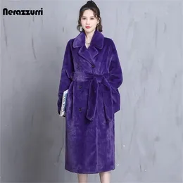 Frauen Pelz Faux Nerazzurri Winter Übergroßen Lila Warm Flauschigen Weichen Mantel Frauen Langarm Gürtel Runway Lose Beiläufige Koreanische Mode 220928