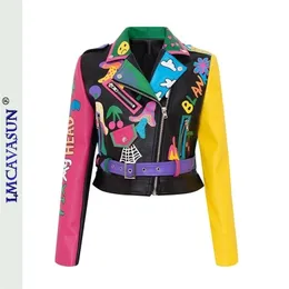 Skóra damska sztuczna kurtka tajska sztuczna kurtka Pu płaszcz płomień drukowania graffiti nity punkowe płaszcze kobiety Lokomotywa odzież czarne topy 220928