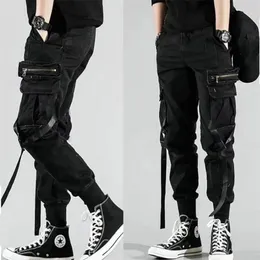 Calças masculinas bolsos laterais harém harém hip hop fitas casuais design masculino joggers calças de streetwear moda calça preta 220928