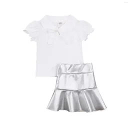 Completi di abbigliamento Infantile per bambini Abito a due pezzi per bambina con risvolto Bowknot Top senza maniche e gonna in pelle PU per vacanze di feste di compleanno