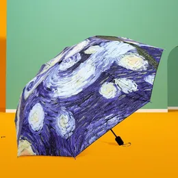 Manuell paraply 8 Rib Tre vikta paraply Van Gogh Oil Målning Starry Night Windsecture ZZB15888