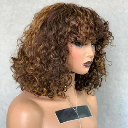 Deep Wave Human Hair Wig With Bangs Brown Color 150 200 Density Curly Full Machine Wigs For Black Women Cheap No Lace Bob Wigfactory direct
