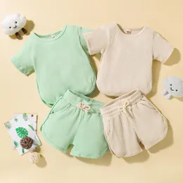Giyim Setleri 2 Adet Yürümeye Başlayan Bebek Kız Erkek Yaz Nervürlü Kıyafet Düz Renk Kısa Kollu T-Shirt İpli Şort 6 M-4 T