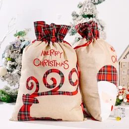 Linen Santa Sack Christmas Gift Bag Red Plaid Drawstring Tote Bags Festival Decoration SN7912