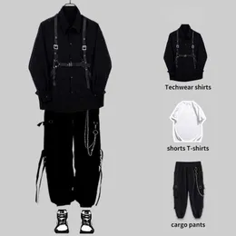 メンズトラックスーツHouzhou Techwear Men's Sets Punk Black Cargo Pants Men's Shirt Kit Long Sleeve Shirts Korean Streetwear Hip Hop Harajuku Spring G220927