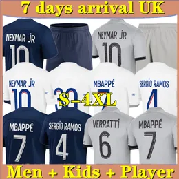 S-4XL Mbappe Player Soccer Jersey Sergio Ramos Maillots de Football 2022 2023 Verratti Marquinhos 2022 23 PSGS Hakimi Kids Kit Shirt Uniforms Maillot Foot Derde
