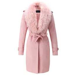 FURE FUR FUA FUAX GIOLSHON Zimowe kobiety Faux zamsz skórzany długi płaszcz Odłączany futra kołnierz pasek klapowy Trench Płaszcz Casual Cardigan T220928