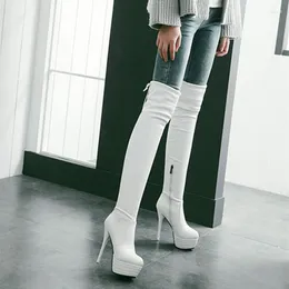 Ботинки плюс размер 33-43 мода над коленом бедро высокие женщины весна сексуальные тонкие туфли платформы Женщина
