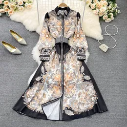 Vintage court style single breasted dress A-line Large hem Spring temperament POLO collar waist closing print dress