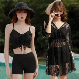 Kjolar mesh 3 stycken badkläder damer koreanska baddräkt kvinnor 2022 tre -stycke modeomslag magen smal sexig bikini blus fjäder