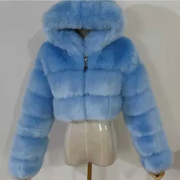 Kvinnors päls faux 828sale kvinnor mode vinter beskuren kappa fluffig zip huva varm kort jacka 2020 topp minkrockar hkd230727