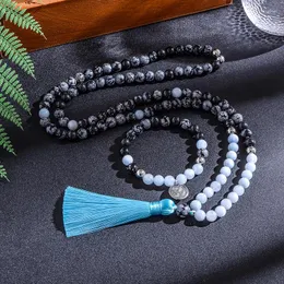 Pendanthalsband 8mm naturstenp￤rlor sn￶flake obsidian Aguamarina japamala s￤tter andlig meditation yoga smycken 108 mala halsband