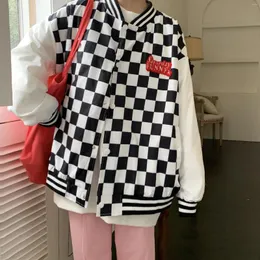 Kvinnorjackor Autumn Casual Women's Varsity Jacket Baseball Uniform vuxna bokst￤ver Plaid randm￶nster Stativ krage l￥nga ￤rmar