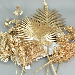装飾的な花1PCゴールドリーフグラスユーカリパンパスオーキッドユリ人工植物ホームウェディングクリスマスデコレーション