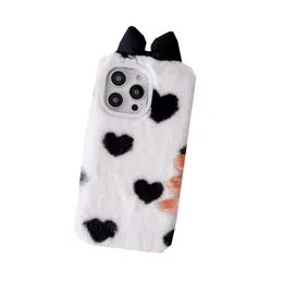 Fashion Bowknot Fluffy Fur Case f￶r Samsung Note 20 S21 A53 A73 A33 5G A23 A13 A32 4G A03S S22 Ultra Plus Love Heart ￤kta Rabbit Hair Soft TPU Animal Lovely Bow Cover