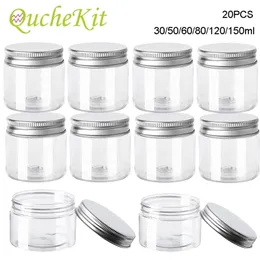 Butelki do przechowywania słoiki 20pcs 30/50/60/80/120/150/150 ml z pokrywkami aluminium okrągły kanister Pusta plastikowa kosmetyka pokarmowa garnek z butelką 220930