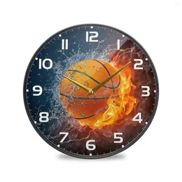 V￤ggklockor Creative Basketball Print Acrylic Round Silent Clock Non Ticking Battery Operated Hanging Watch Gold Needle Home Decor