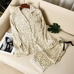 Домашняя одежда весна пижам костюм женщин атласная длинная рукава тонкая одежда для сна рынок леопардовой 2 -печений 2ps Sleep Set Lady Lounge Wear Homewear